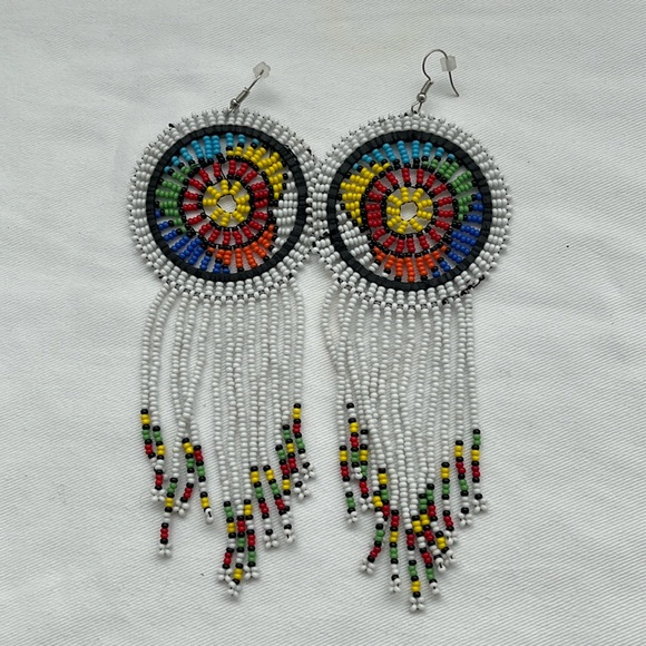White Beaded Handmade African Earrings - Picture 1 of 6
